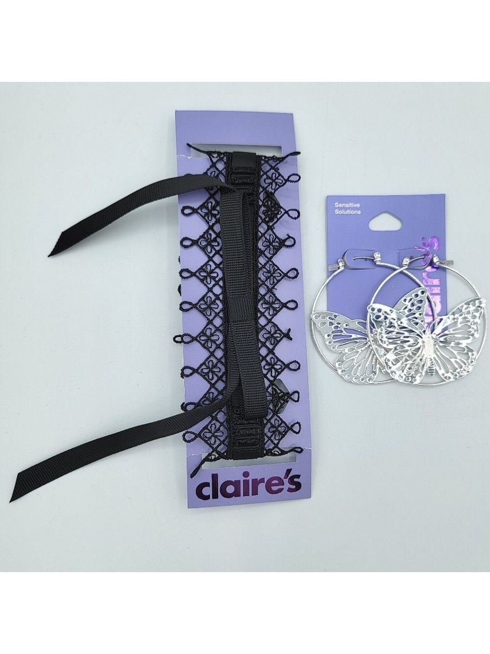 Claire's Black Lace Choker & Silver Butterfly Earrings Set NEW #0017